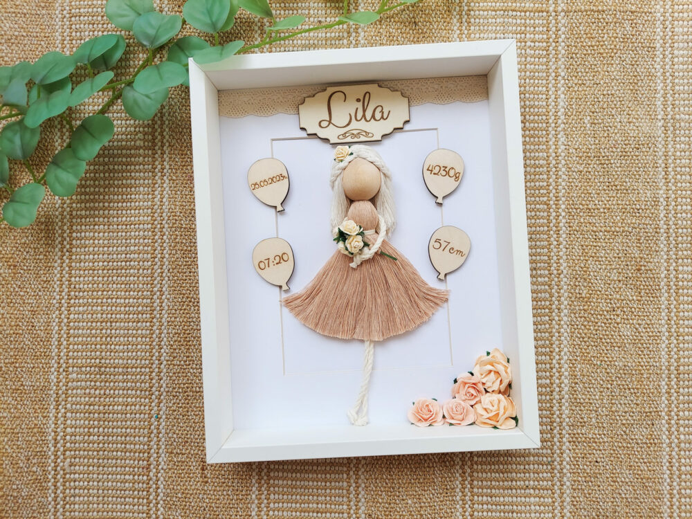 Metryczka dla dziewczynki ramka prezent makrama