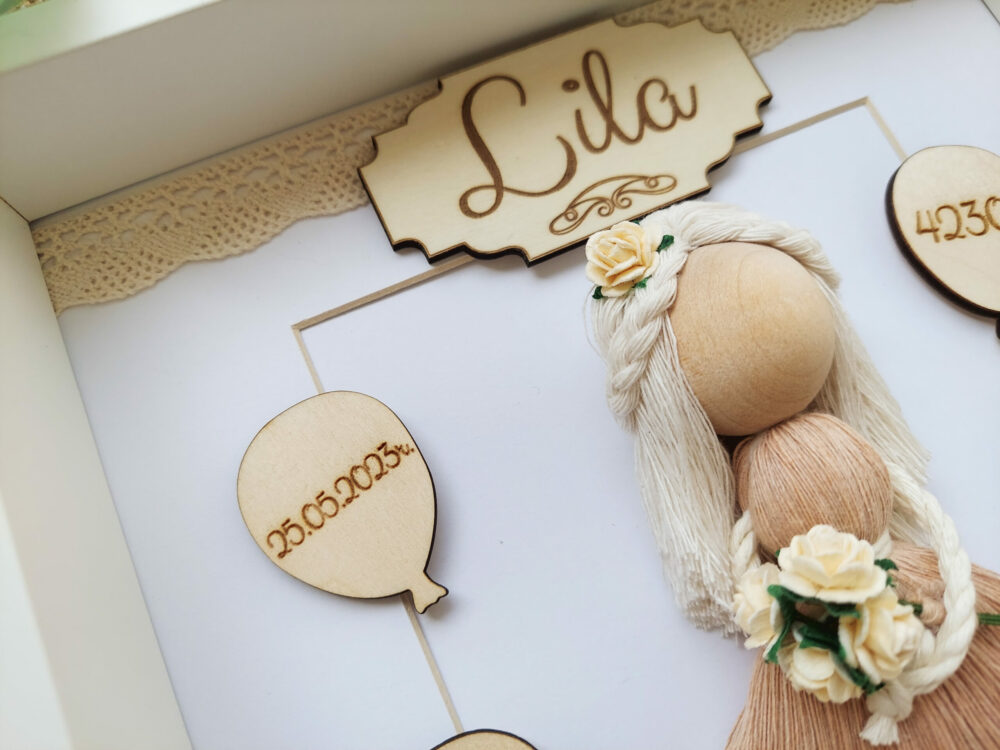 Metryczka dla dziewczynki ramka prezent makrama