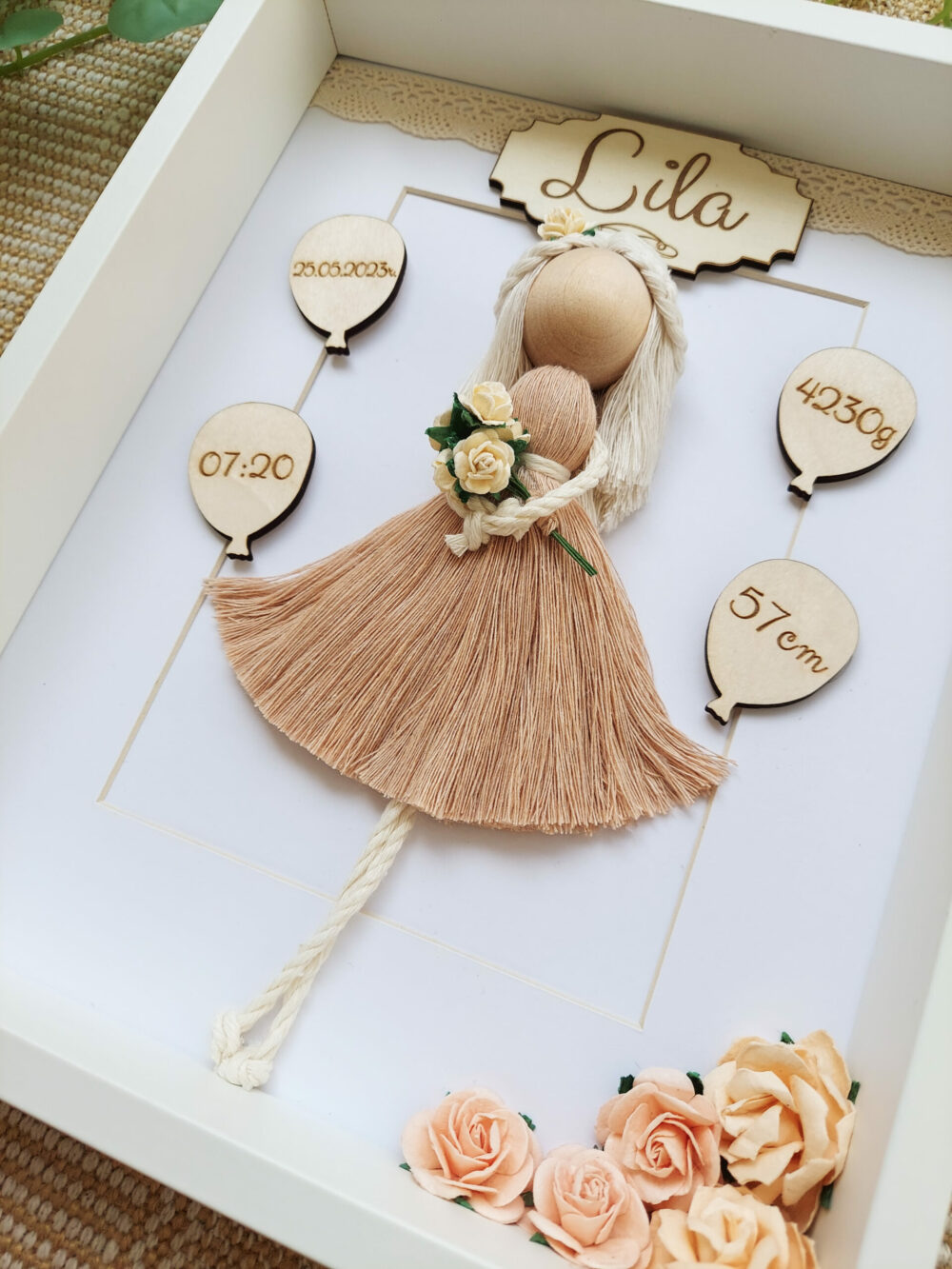 Metryczka dla dziewczynki ramka prezent makrama