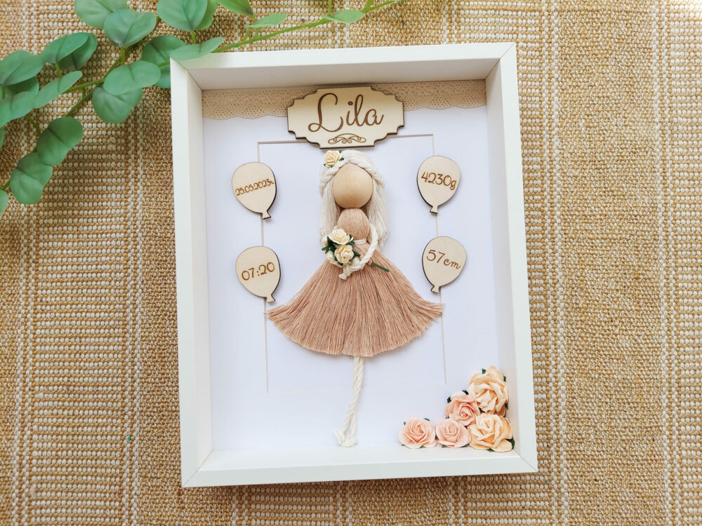 Metryczka dla dziewczynki ramka prezent makrama