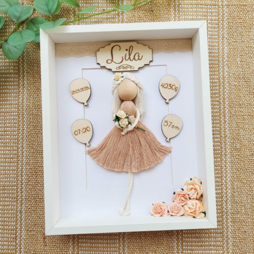 Metryczka dla dziewczynki ramka prezent makrama