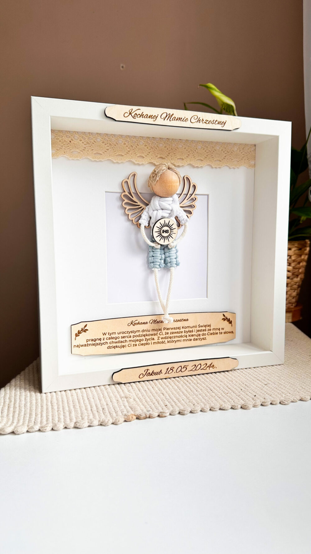 Gablotka z aniołem podziękowania dla chrzestnych, dziadków