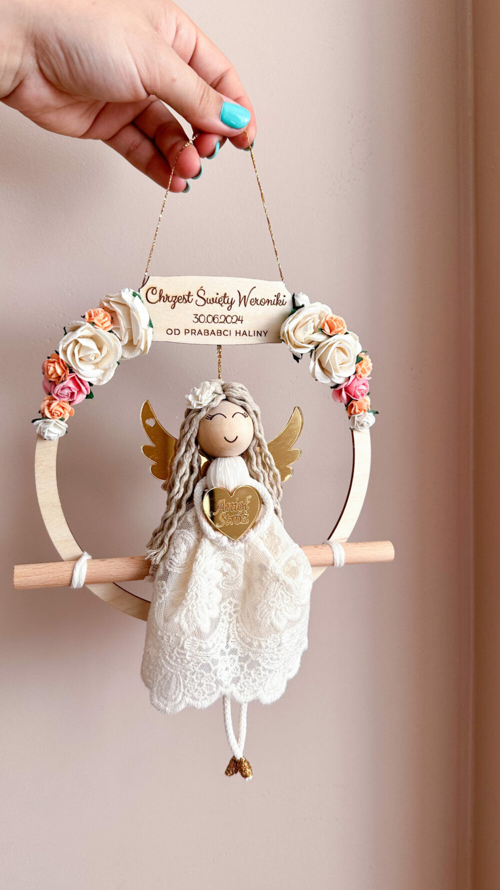 Anioł Stróż na obręczy komunia, chrzest - dziewczynka