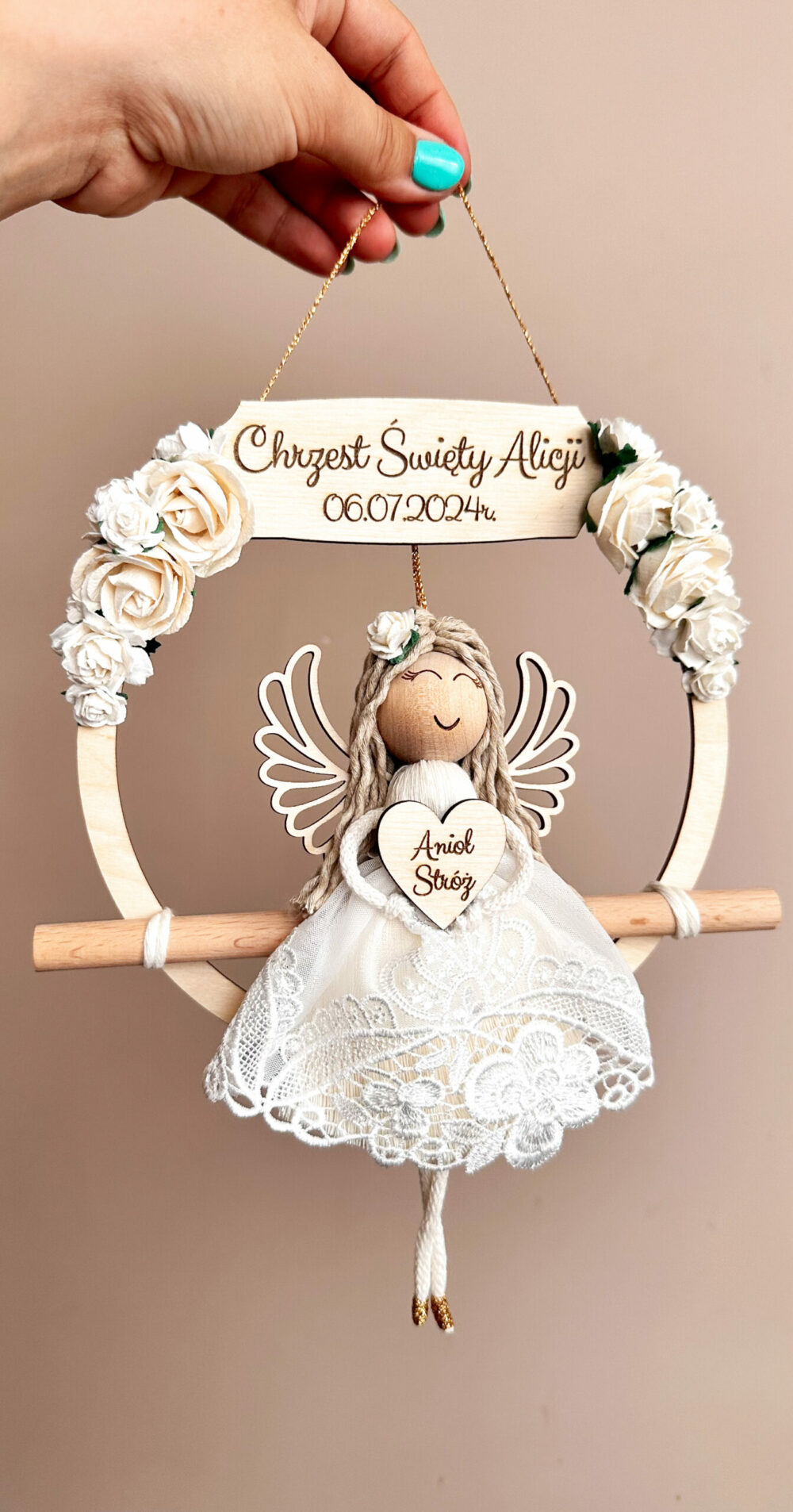 Anioł Stróż na obręczy komunia, chrzest - dziewczynka