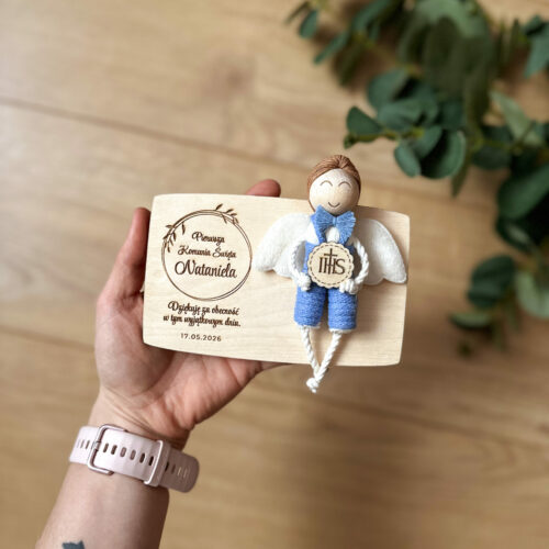 Podziękowania dla gości komunijnych - magnes - aniołek niebieski chłopiec
